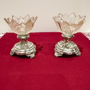Pair Of Crystal And Sterling Silver Salt Cellars, 19th Century