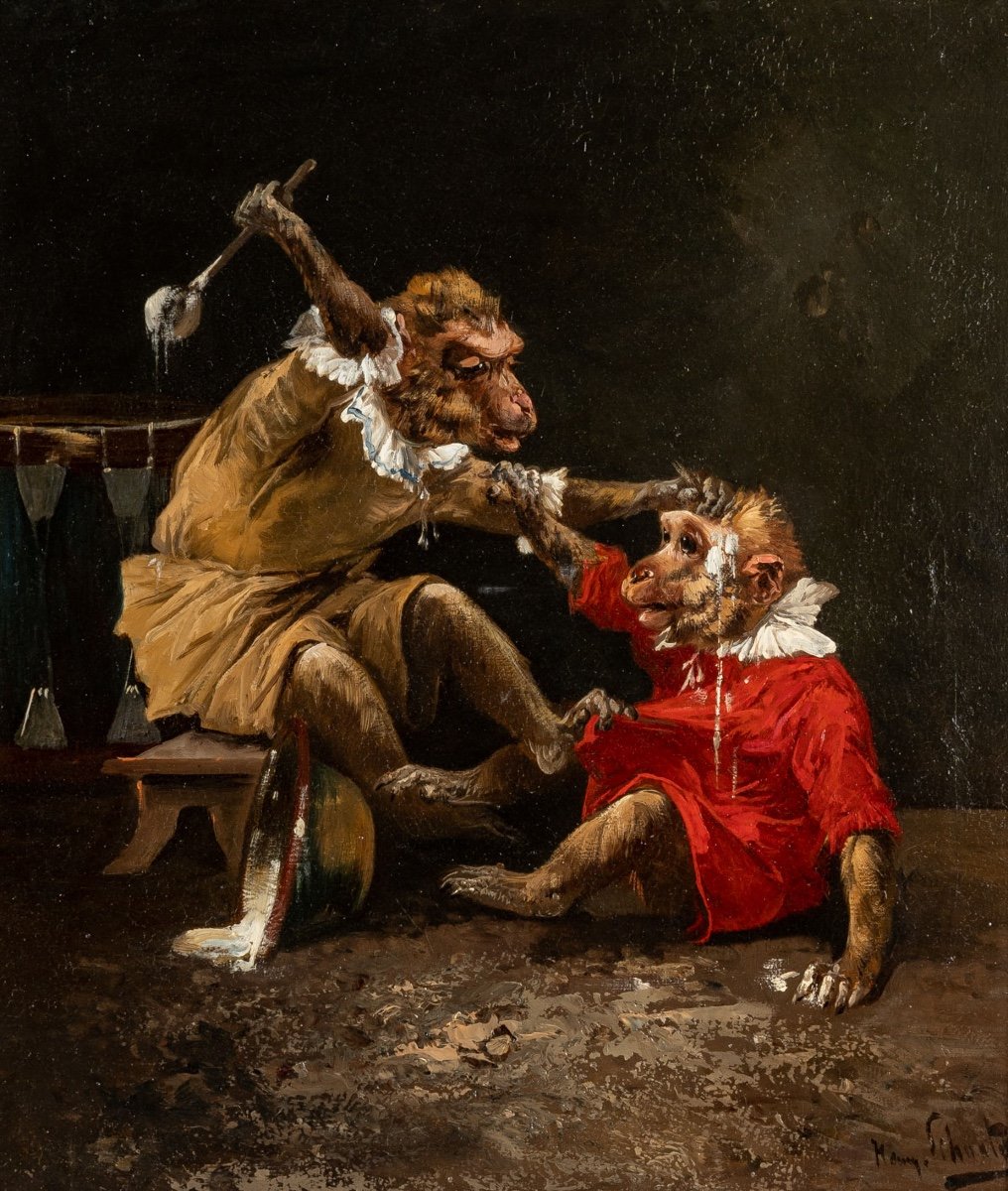Henry Schouten (1857-1927) - Singerie au cirque huile sur toile vers 1890-photo-2