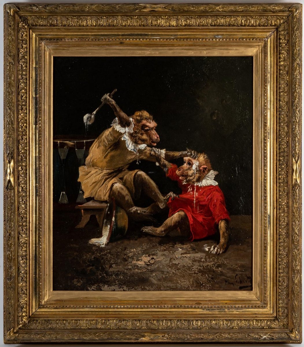 Henry Schouten (1857-1927) - Singerie au cirque huile sur toile vers 1890-photo-5