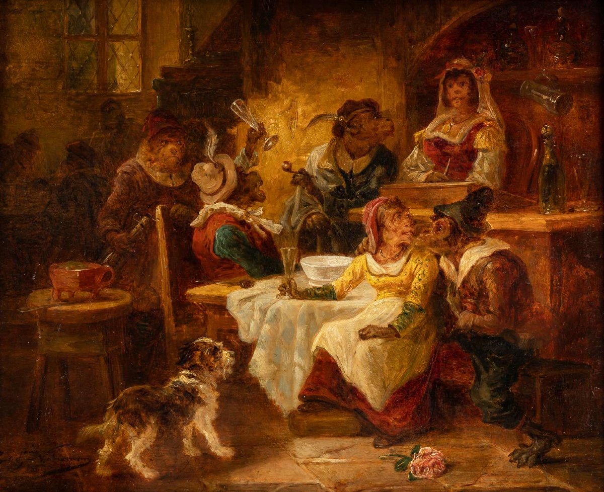 Zacharie Noterman (1820-1890) La Taverne Des Singes Huile Sur Panneau Vers 1860-photo-2