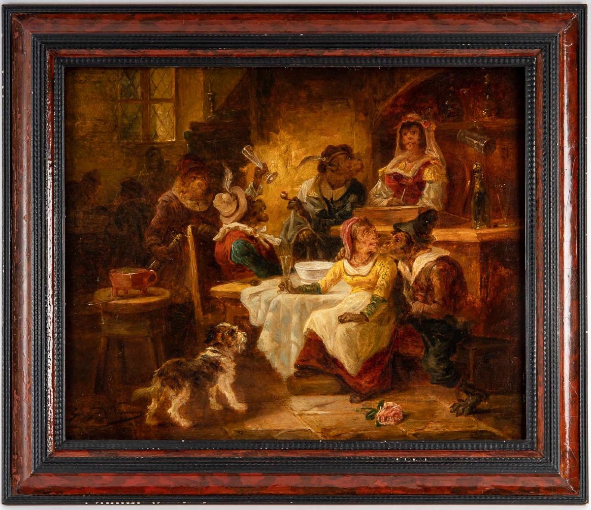 Zacharie Noterman (1820-1890) La Taverne Des Singes Huile Sur Panneau Vers 1860-photo-8