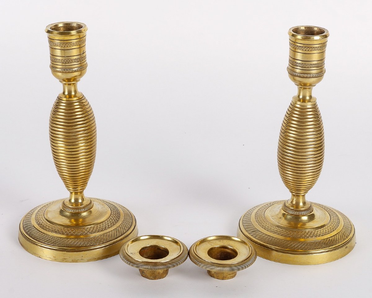 Pair Of Small Chiseled And Gilt Bronze "ragot" Candlesticks, Empire Period Circa 1810-photo-3