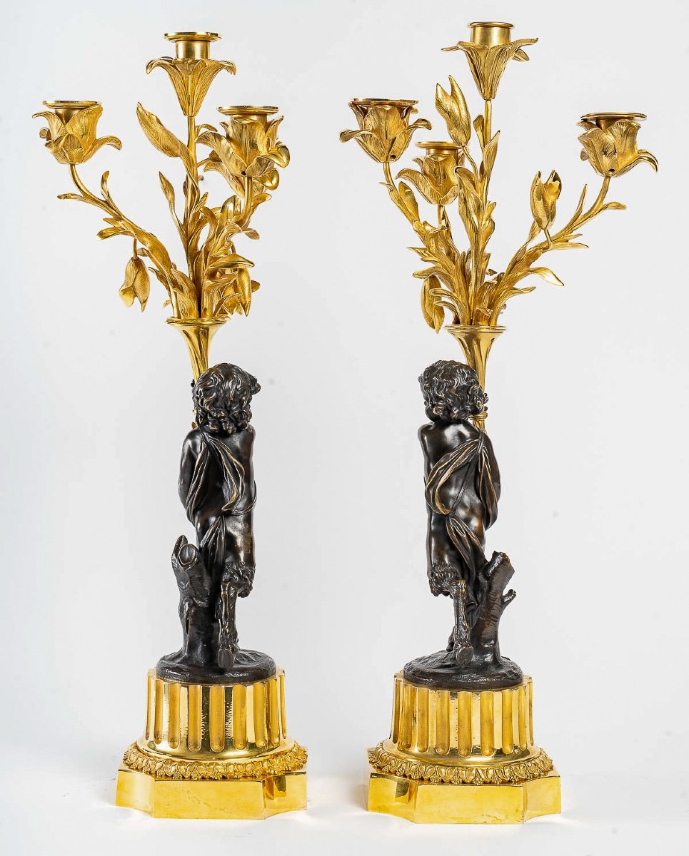 Pair Of Louis XVI Style Bronze Candelabra With Faun Decoration Circa 1860 Converted In Lamps-photo-4