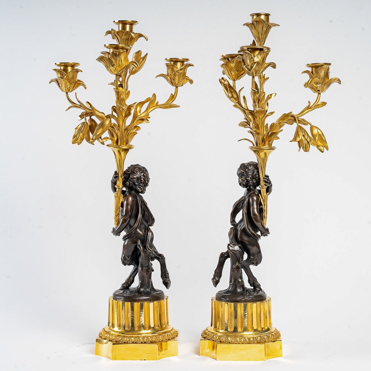 Pair Of Louis XVI Style Bronze Candelabra With Faun Decoration Circa 1860 Converted In Lamps-photo-1