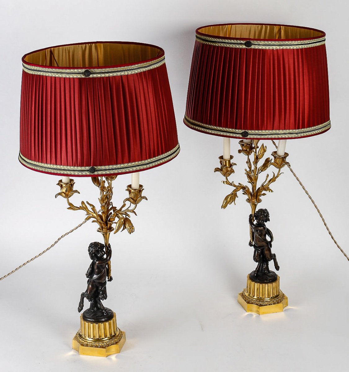 Pair Of Louis XVI Style Bronze Candelabra With Faun Decoration Circa 1860 Converted In Lamps-photo-6