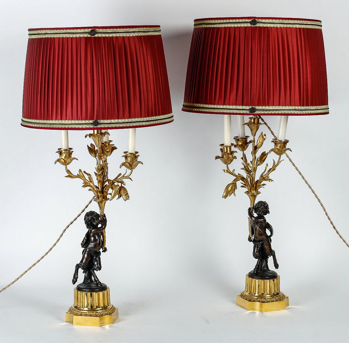 Pair Of Louis XVI Style Bronze Candelabra With Faun Decoration Circa 1860 Converted In Lamps