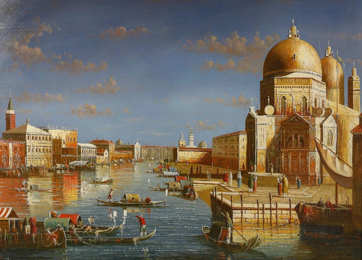 Basilica Santa Maria Della Salute In Venice Oil On Canvas Signed Paolo Rizzi 20th Century-photo-2