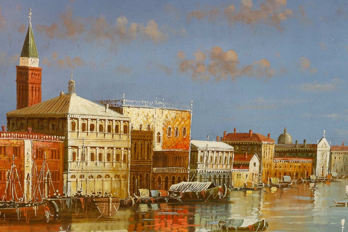 Basilica Santa Maria Della Salute In Venice Oil On Canvas Signed Paolo Rizzi 20th Century-photo-2