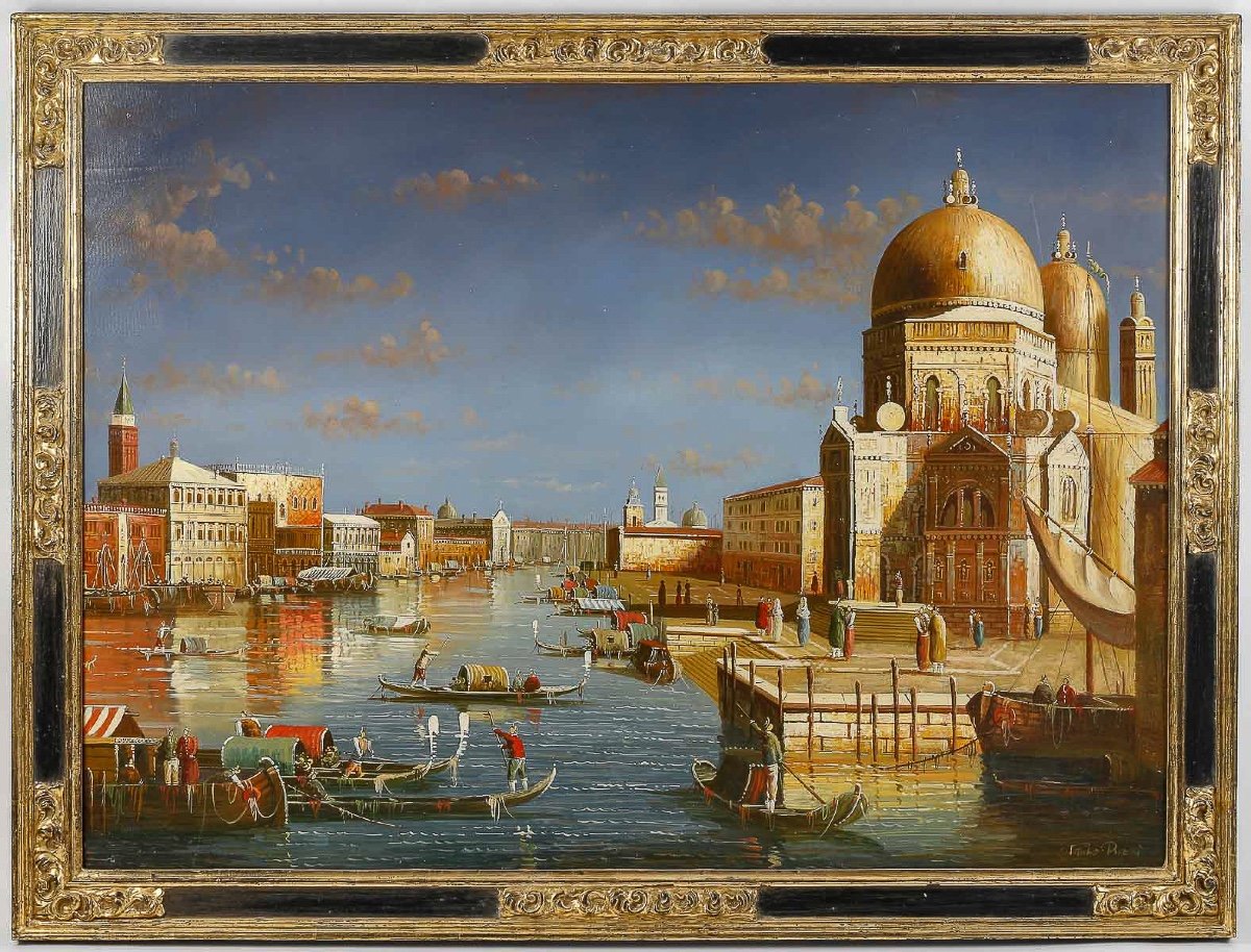 Basilica Santa Maria Della Salute In Venice Oil On Canvas Signed Paolo Rizzi 20th Century