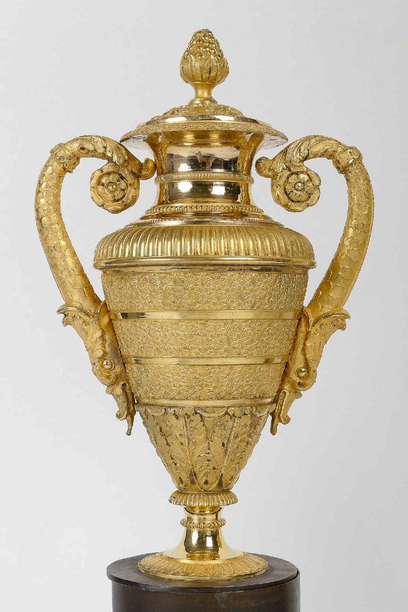 Paire De Vases Couverts En Bronze Finement Ciselé Patiné Et Doré époque Empire Vers 1810-photo-3