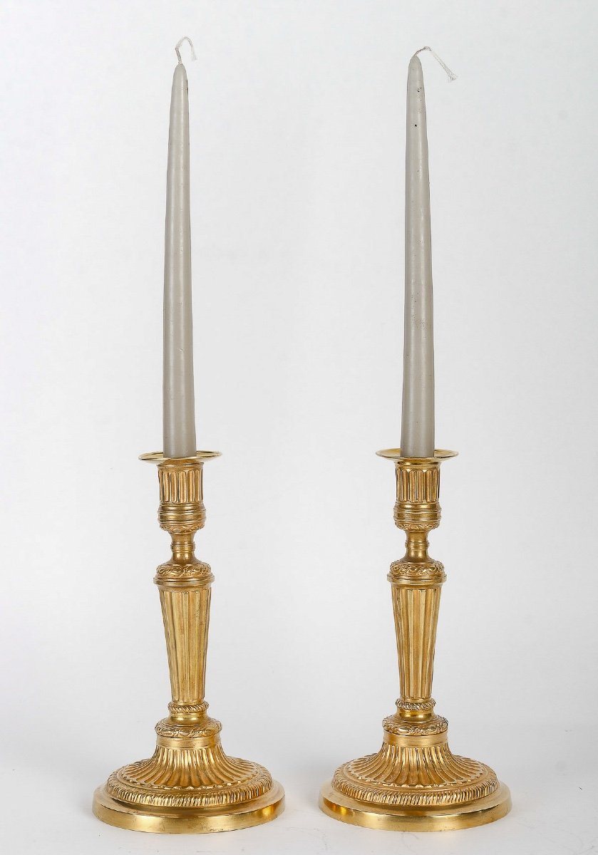 Paire De Flambeaux En Lampes à Décor De Cannelures En Bronze Ciselé Doré époque Louis XVI-photo-7