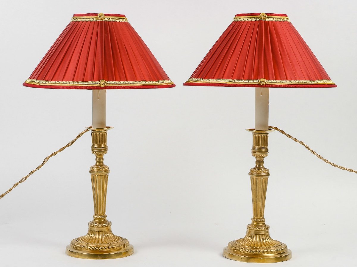Pair Of French Louis XVI Period Fluted Gilt-bronze Candlesticks Mounted As Table-lamps