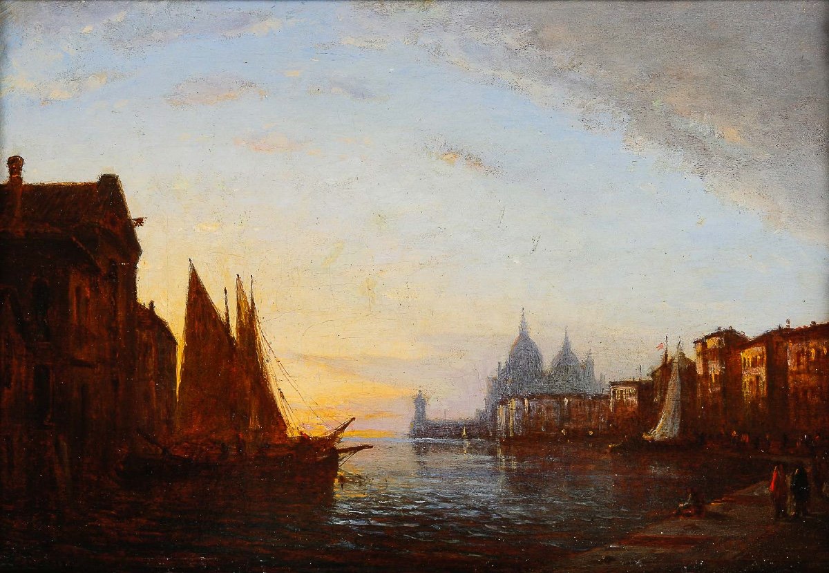 Auguste Ravier (1814-1895) Vue De Venise Basilique Santa Maria Della Salute Huile Sur Panneau-photo-2