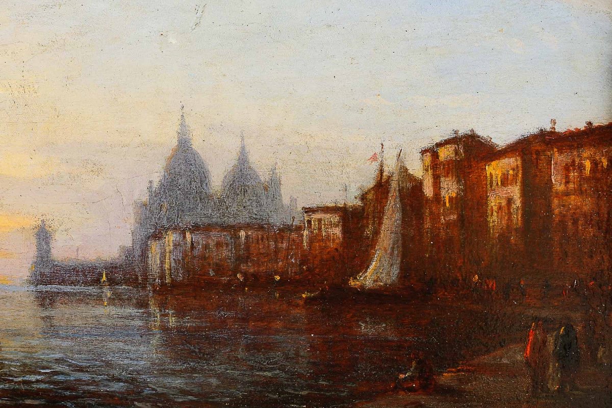 Auguste Ravier (1814-1895) Vue De Venise Basilique Santa Maria Della Salute Huile Sur Panneau-photo-1