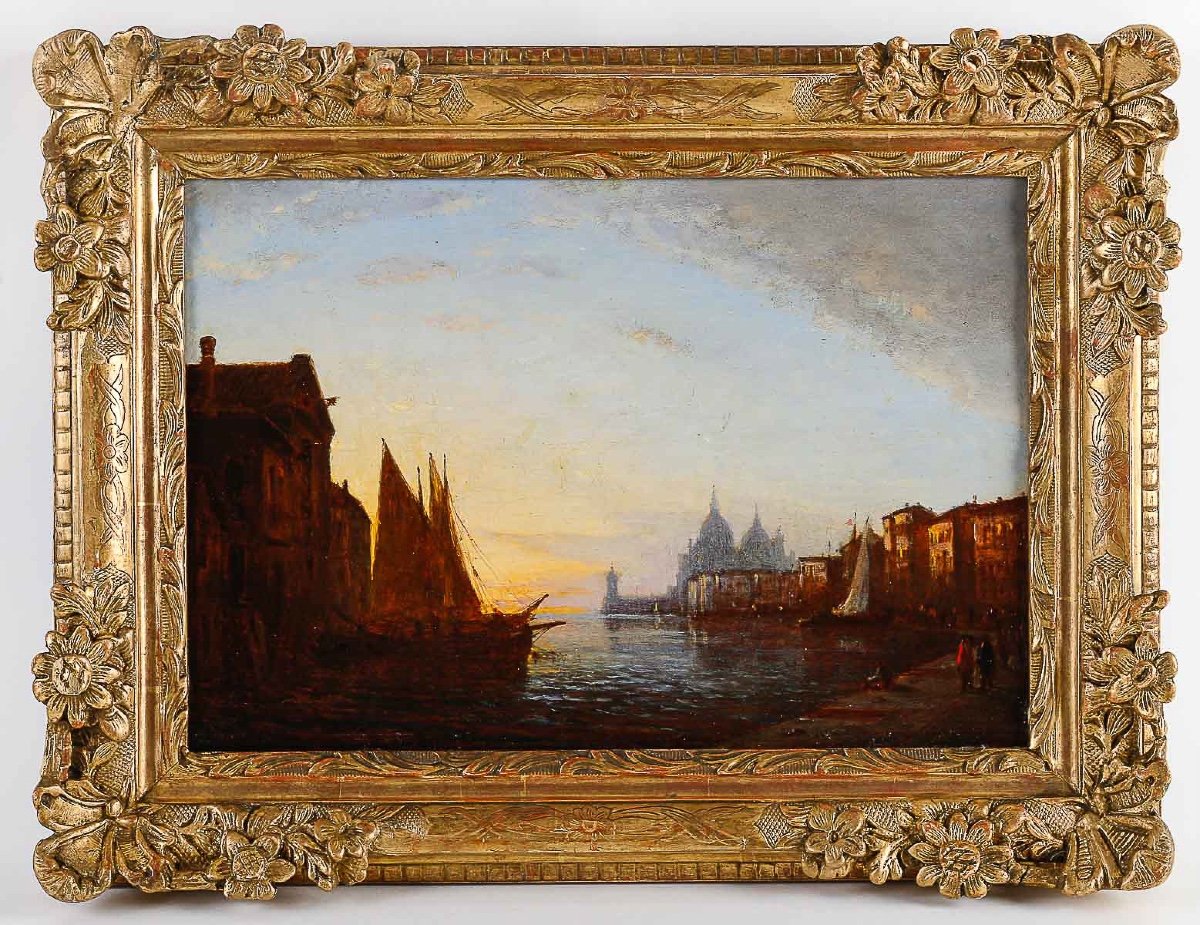 Auguste Ravier (1814-1895) Vue De Venise Basilique Santa Maria Della Salute Huile Sur Panneau