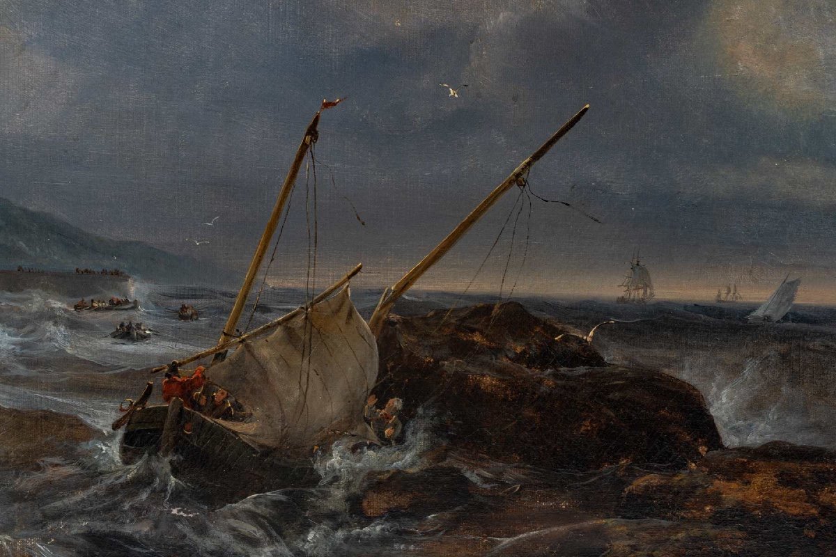 Bateau De Pêche Dans Les Brisants Par Johann-jakob Ulrich (1798-1877) Huile Sur Toile Vers 1837-photo-3