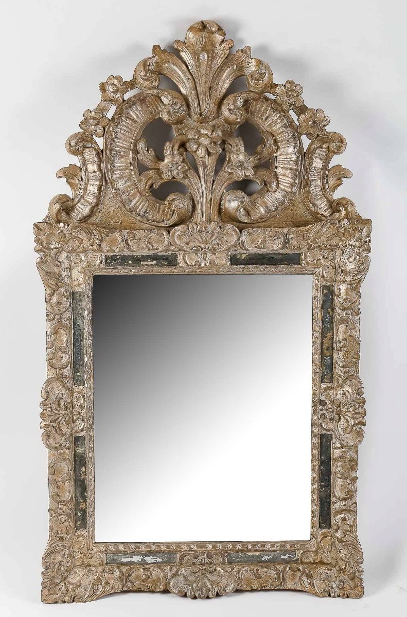 époque Régence Vers 1715-1723 Miroir à Parecloses Et à Fronton En Bois Argenté-photo-6