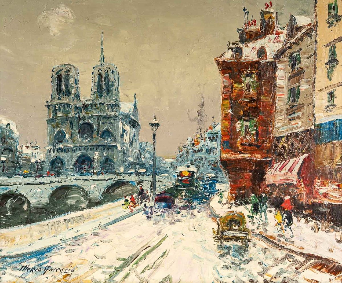 Mério Ameglio (1897-1970) Notre-dame De Paris Under The Snow Oil On Canvas Circa 1950-photo-2