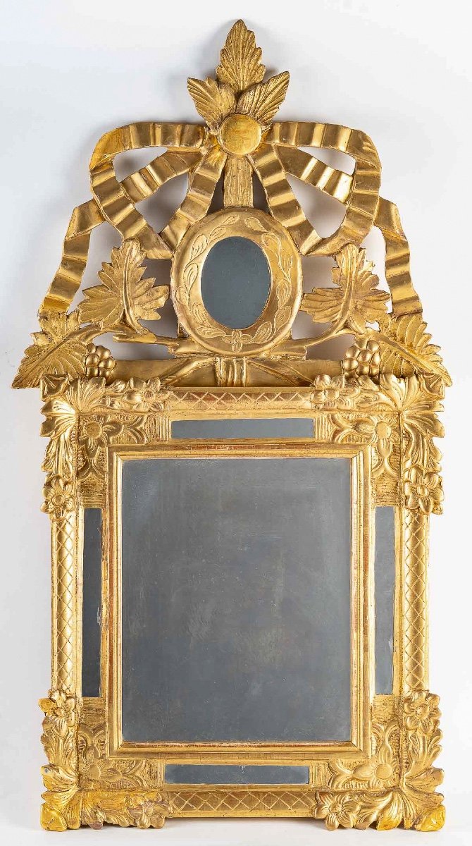 Petit Miroir En Bois Doré à Parecloses Et Fronton Ajouré D’époque Louis XVI Vers 1780-photo-3