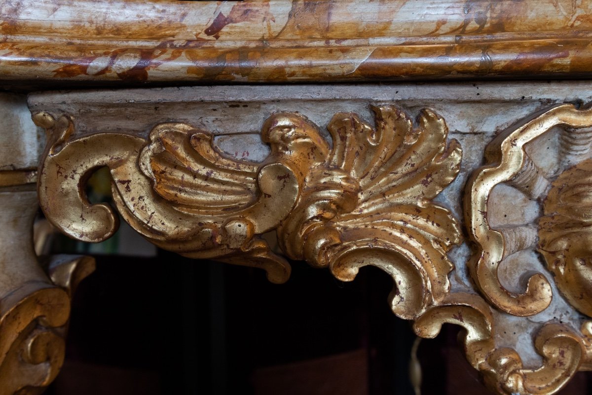 Italie XVIIIème Siècle Importante Console Laquée Et Dorée à Plateau à L’imitation Du Marbre-photo-4