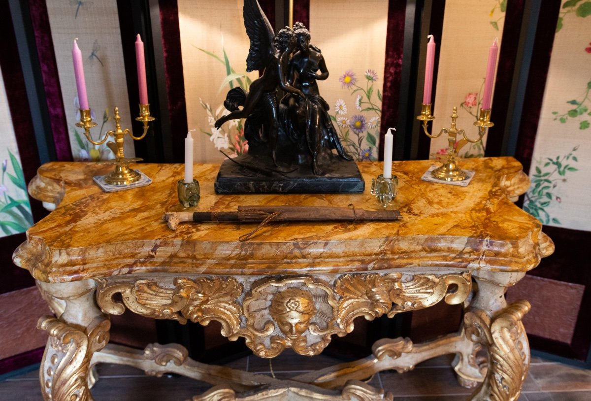 Italie XVIIIème Siècle Importante Console Laquée Et Dorée à Plateau à L’imitation Du Marbre-photo-3