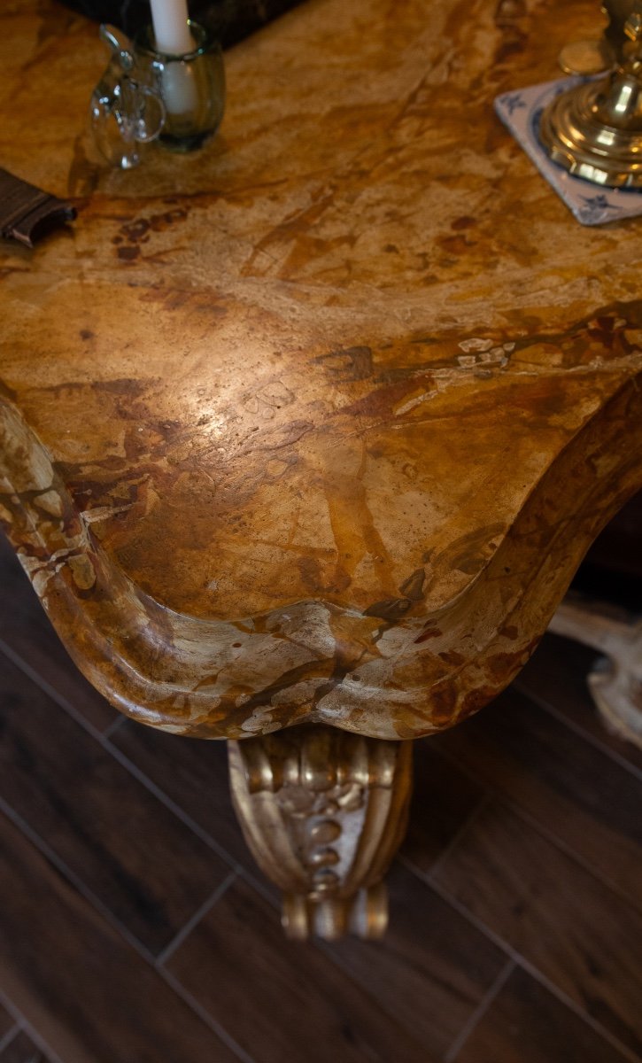 Italie XVIIIème Siècle Importante Console Laquée Et Dorée à Plateau à L’imitation Du Marbre-photo-4