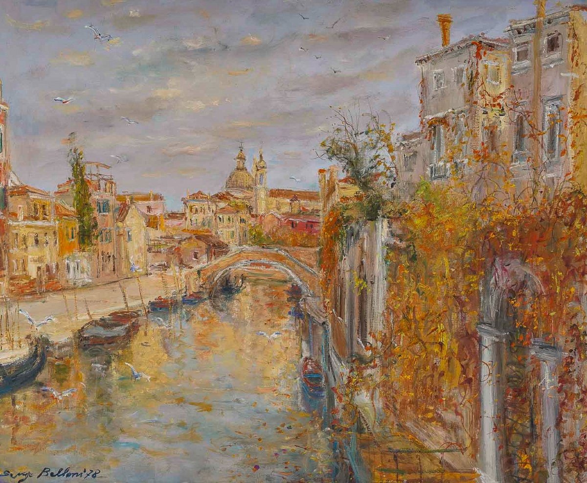 Serge Belloni (1925-2005) - Venice Its Canals And Bridges Oil On Canvas Dated 1978-photo-2