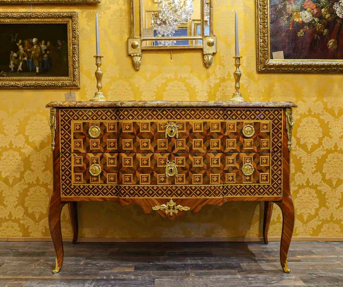 Léonard Boudin Master In 1761 Commode In Marquetry Of Bottomless Cubes Transition Period Circa 1770