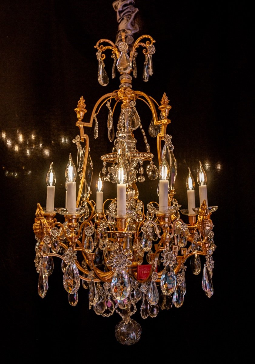 Baccarat Louis XVI Style Fire Pot Chandelier In Chiseled And Gilded Bronze And Crystal Decor 