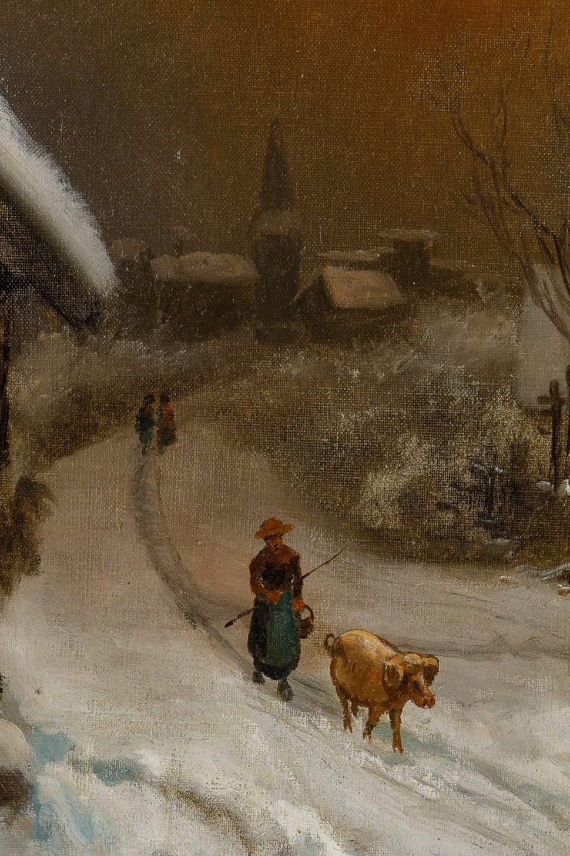 Theodore Levigne (1848-1912) Village Sous La Neige Oil On Canvas Late 19th Century-photo-4