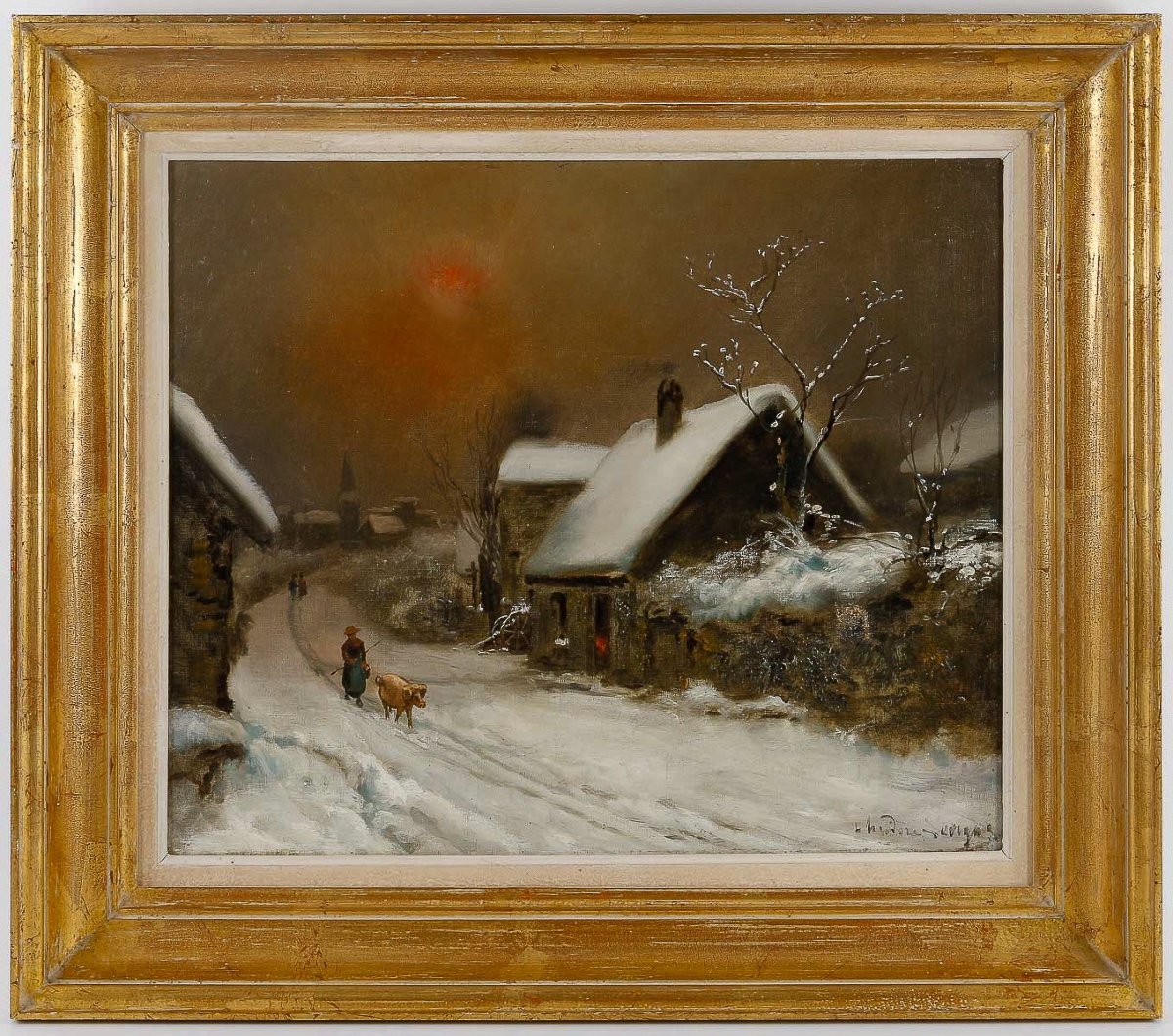 Theodore Levigne (1848-1912) Village Sous La Neige Oil On Canvas Late 19th Century-photo-5