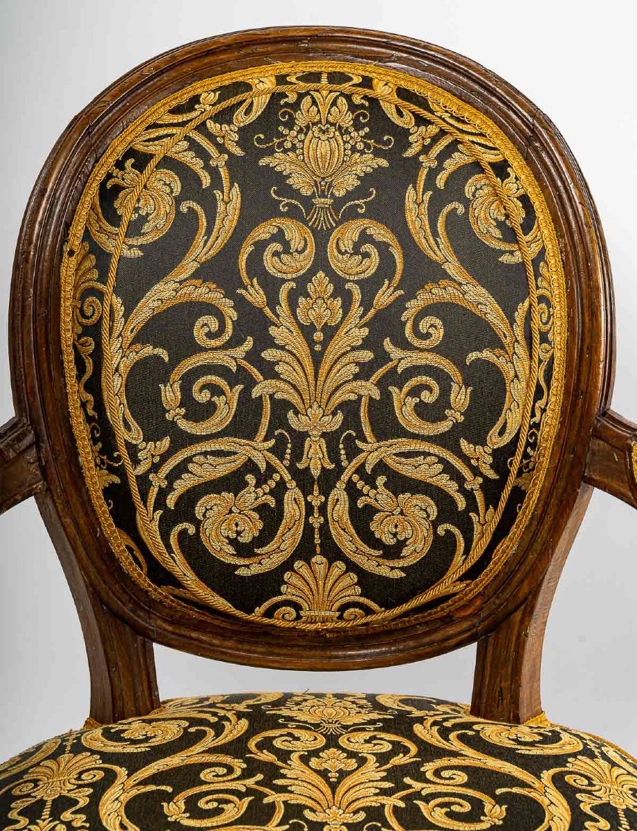Pair Of Louis XVI Style Armchairs With Medallion Backs In Carved And Waxed Molded Natural Wood-photo-1