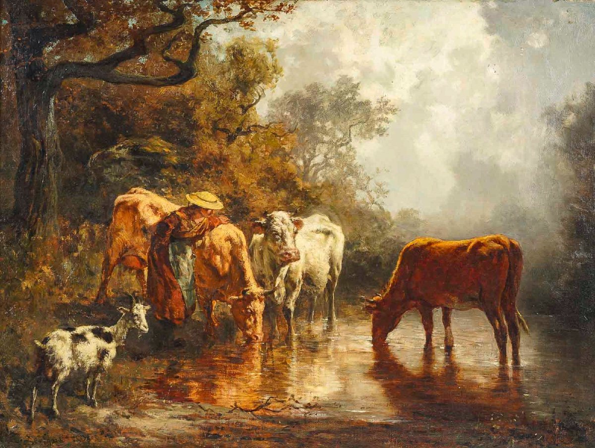 Théodore Levigne (1848-1912) Vaches S’abreuvant à L’étang Huile Sur Toile Vers 1875-photo-2