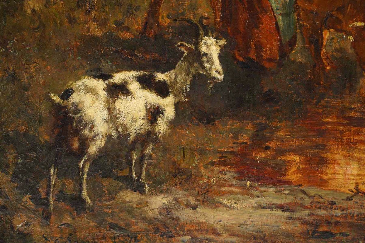 Théodore Levigne (1848-1912) Vaches S’abreuvant à L’étang Huile Sur Toile Vers 1875-photo-4