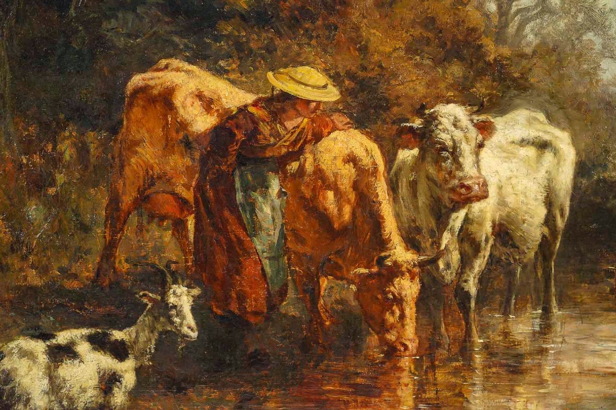 Théodore Levigne (1848-1912) Vaches S’abreuvant à L’étang Huile Sur Toile Vers 1875-photo-1