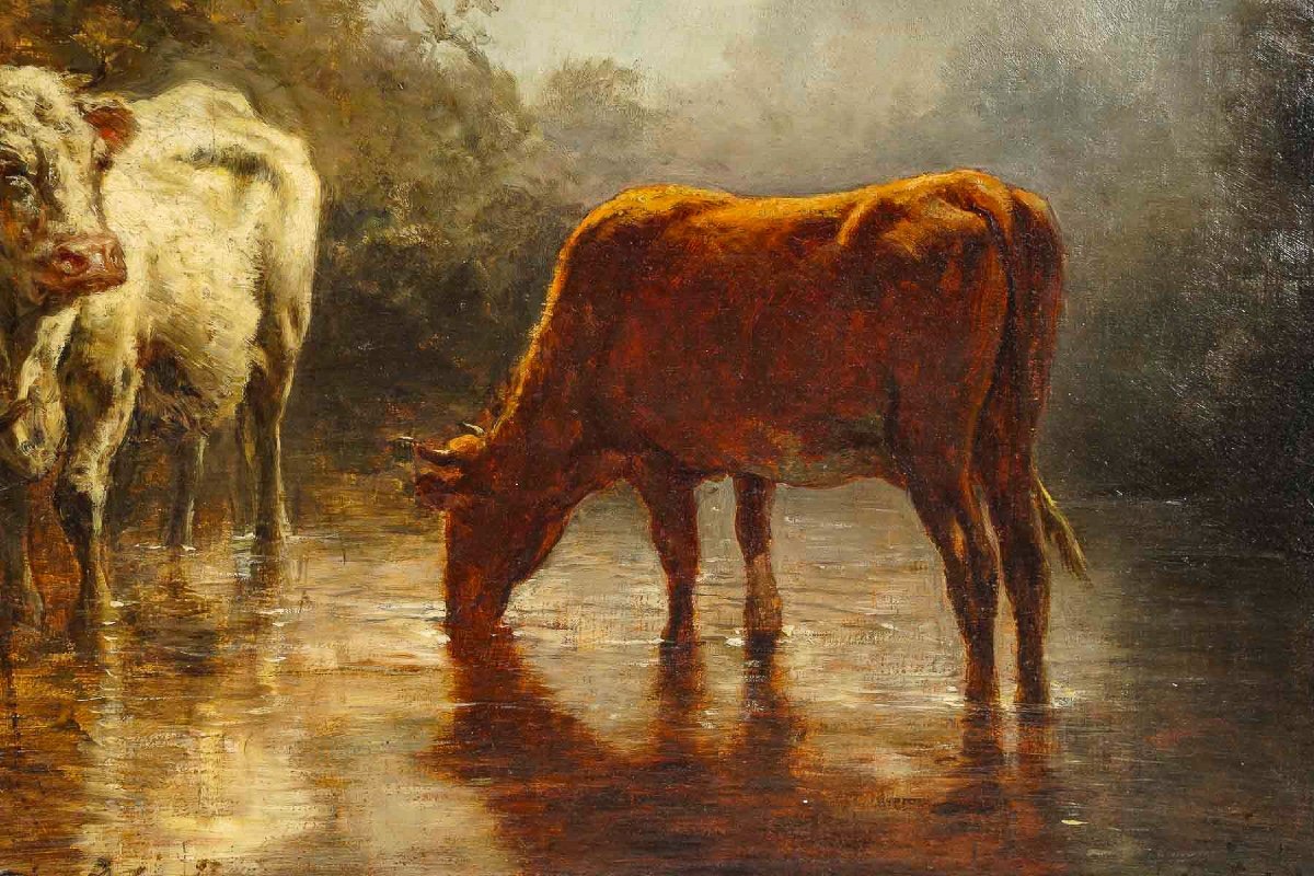 Théodore Levigne (1848-1912) Vaches S’abreuvant à L’étang Huile Sur Toile Vers 1875-photo-3