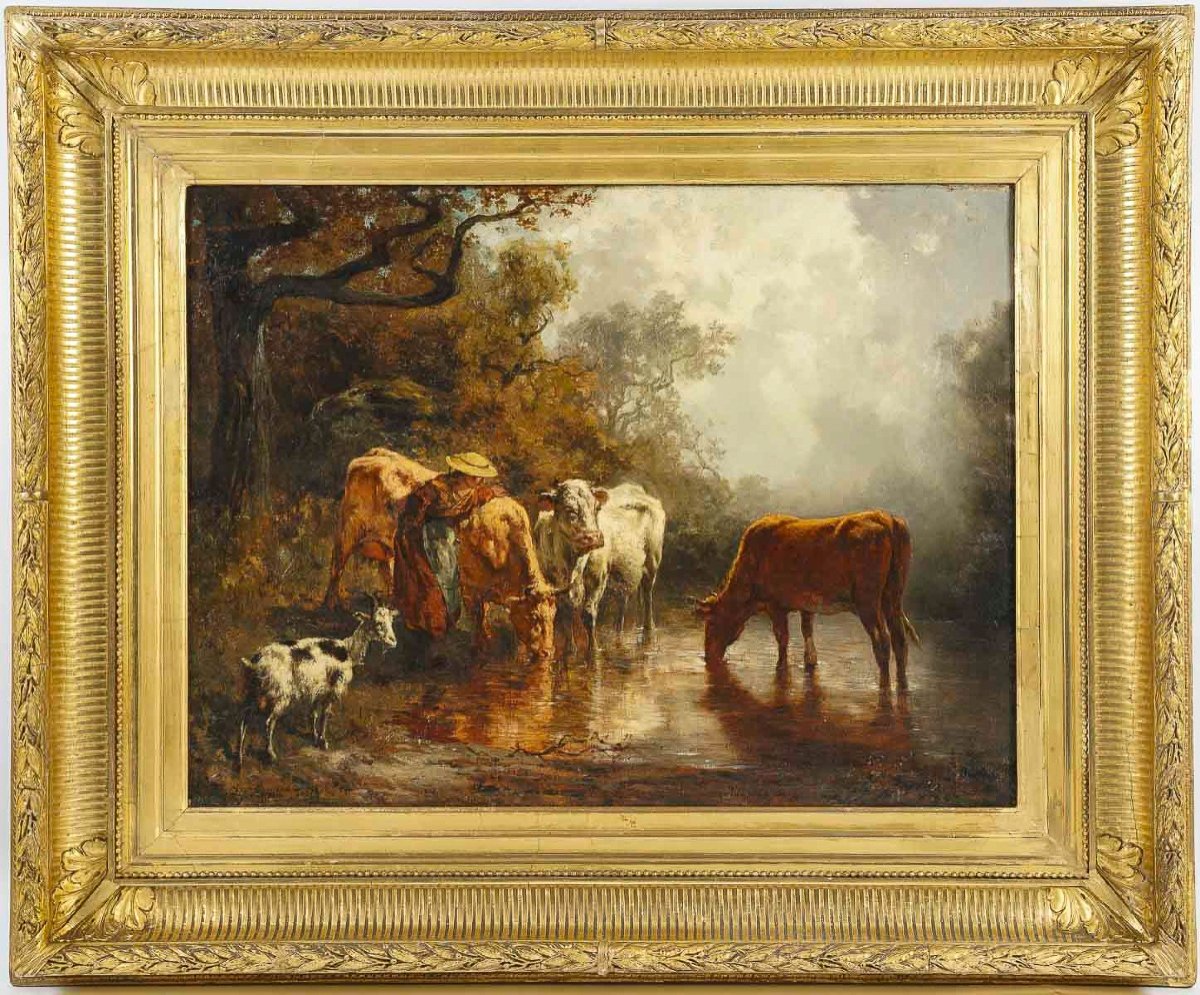 Théodore Levigne (1848-1912) Vaches S’abreuvant à L’étang Huile Sur Toile Vers 1875-photo-5