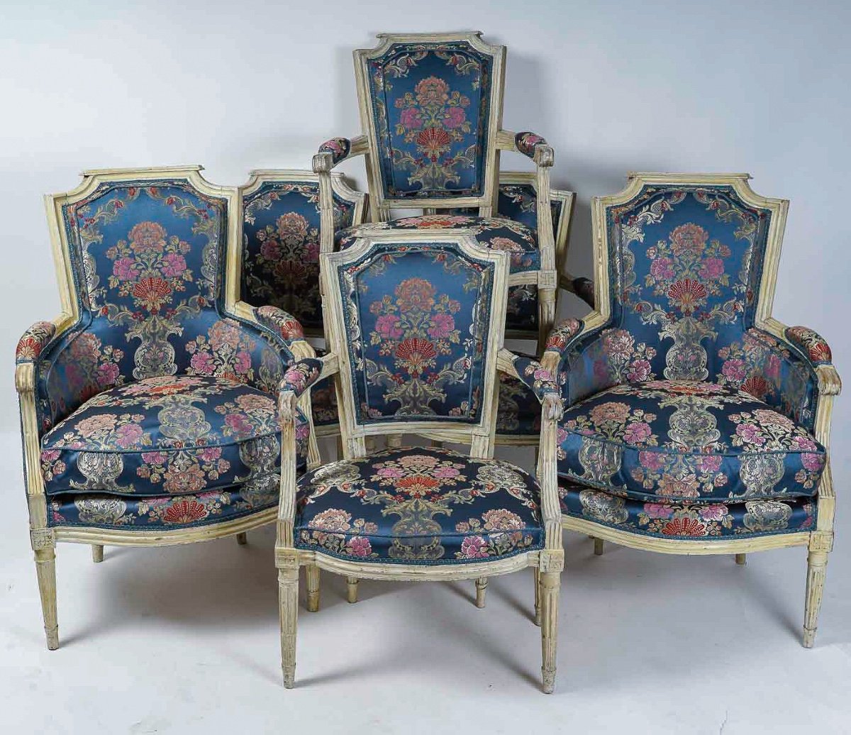 Set Of Seats Composed Of Two Bergeres And Four Armchairs Of Louis XVI Period In Lacquered Wood -photo-8