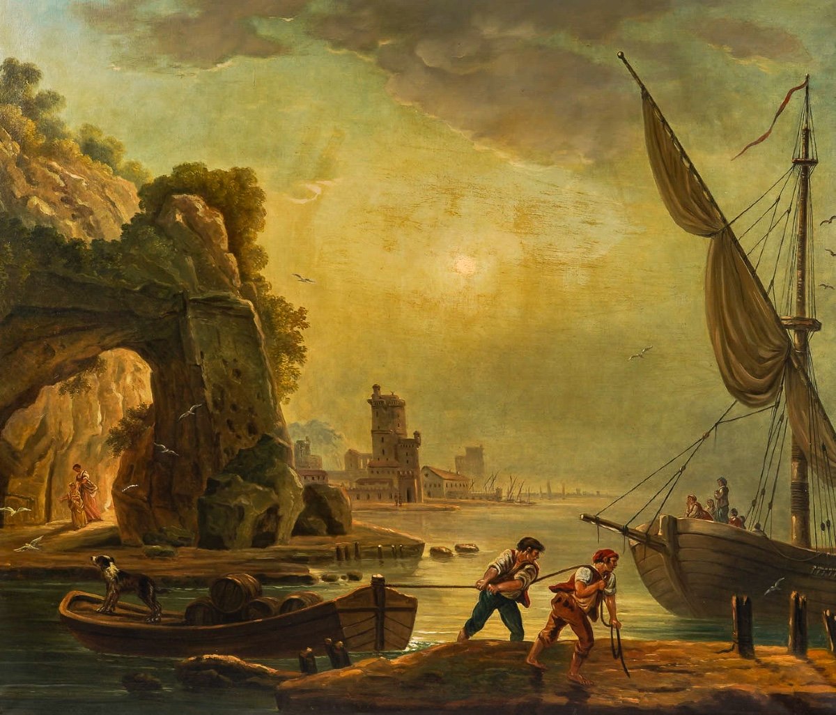 école Française De La Fin Du XVIIIème Siècle Un Petit Port En Italie Huile Sur Toile Vers 1800-photo-2