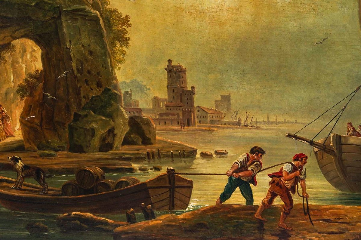 école Française De La Fin Du XVIIIème Siècle Un Petit Port En Italie Huile Sur Toile Vers 1800-photo-1