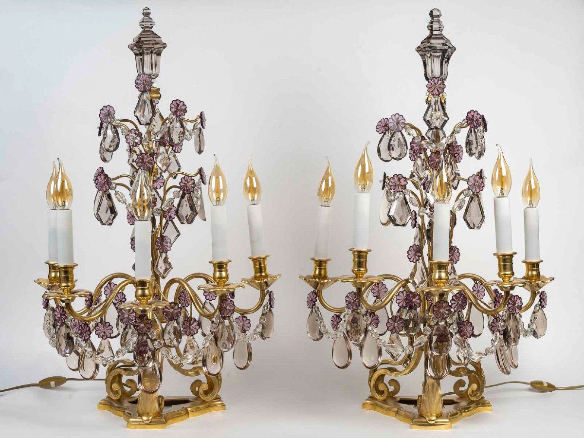 Pair Of Louis XV Style Gilt Bronze And Crystal Baccarat Girandoles Circa 1880