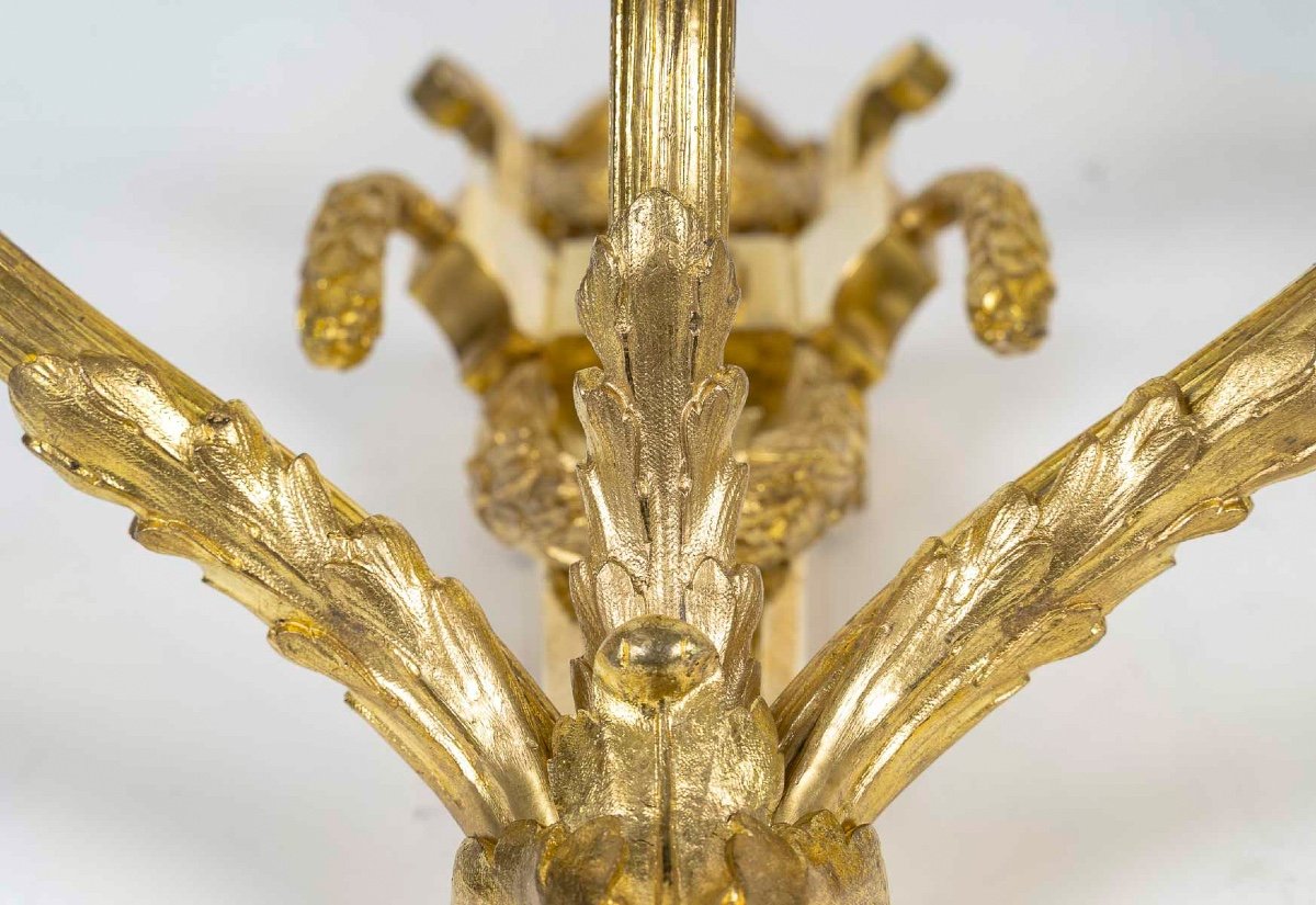 Pair Of Louis XVI-style Three-light Sconces In Chiseled And Gilt Bronze Circa 1880-photo-2