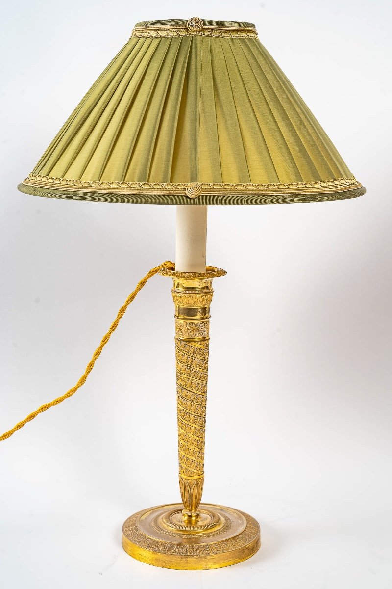 French Directoire Period Pair Of Gilt Bronze Candlesticks Mounted As Lamps-photo-2