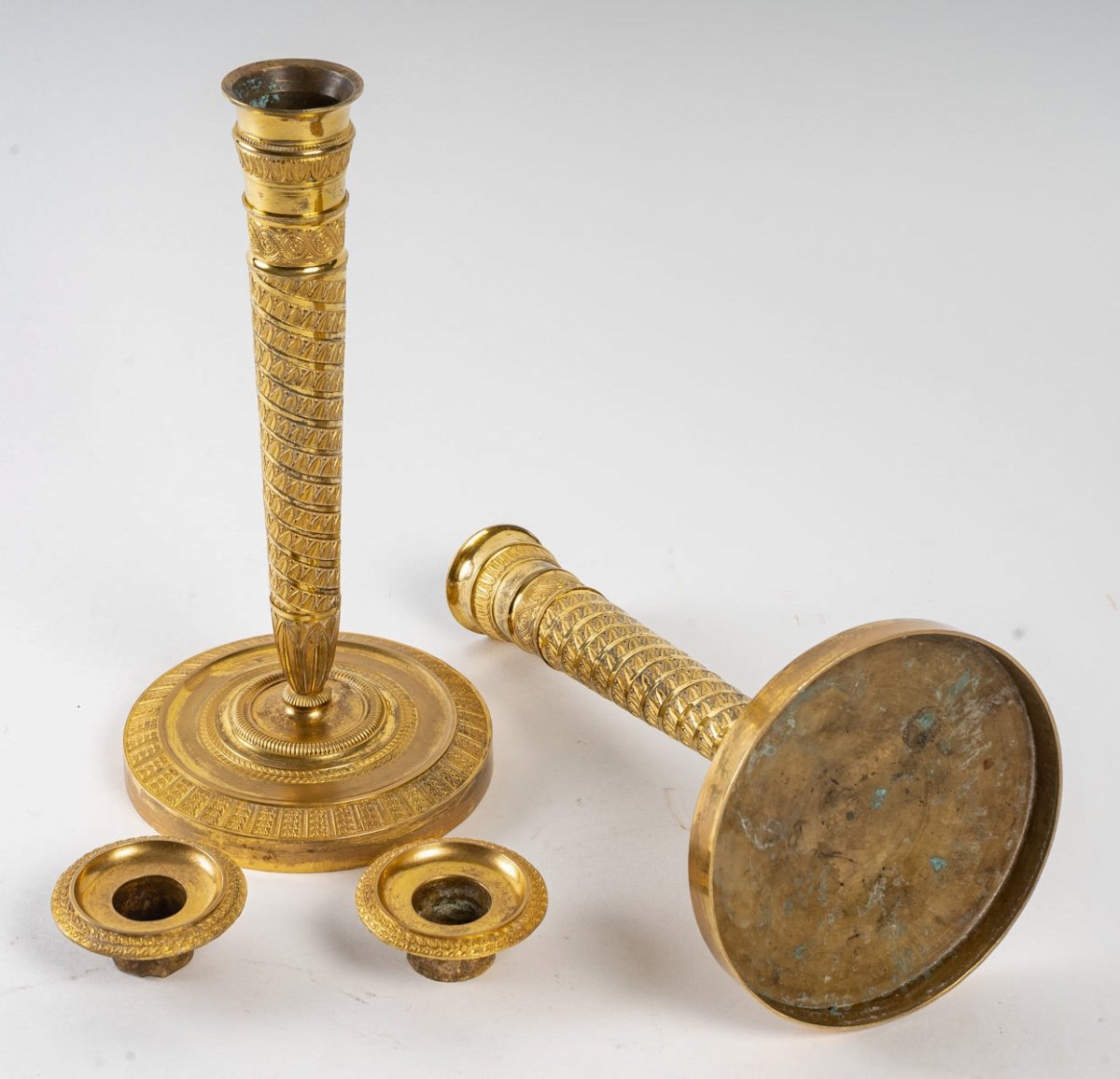 French Directoire Period Pair Of Gilt Bronze Candlesticks Mounted As Lamps-photo-5