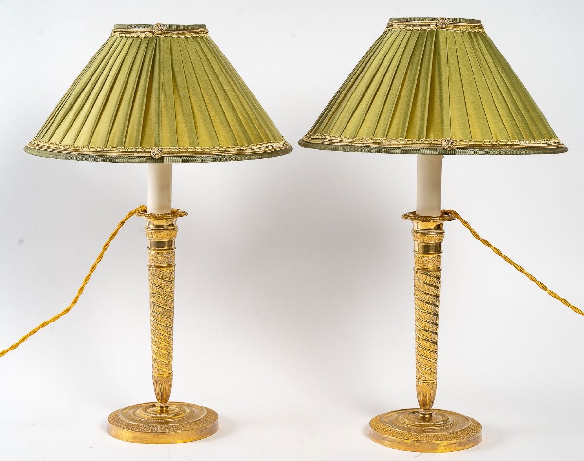 French Directoire Period Pair Of Gilt Bronze Candlesticks Mounted As Lamps-photo-7