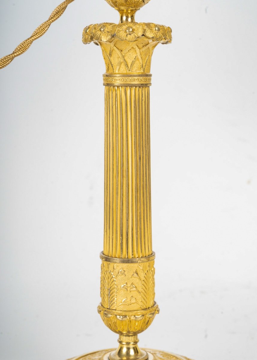 French Restoration Period Pair Of Chiseled Gilt Bronze Candlesticks Mounted As Lamps Circa 1820-photo-1