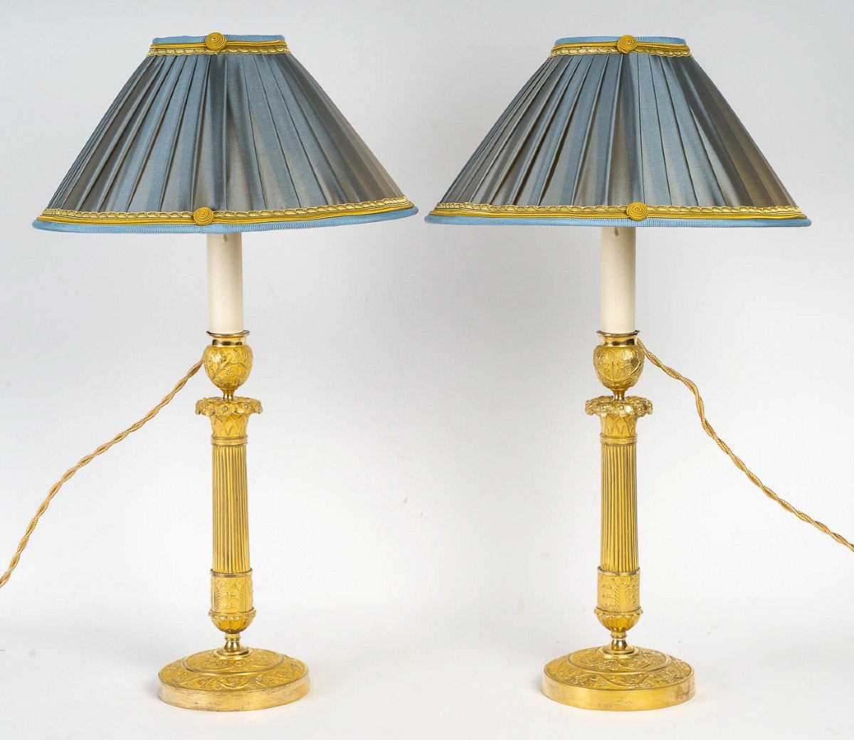 French Restoration Period Pair Of Chiseled Gilt Bronze Candlesticks Mounted As Lamps Circa 1820
