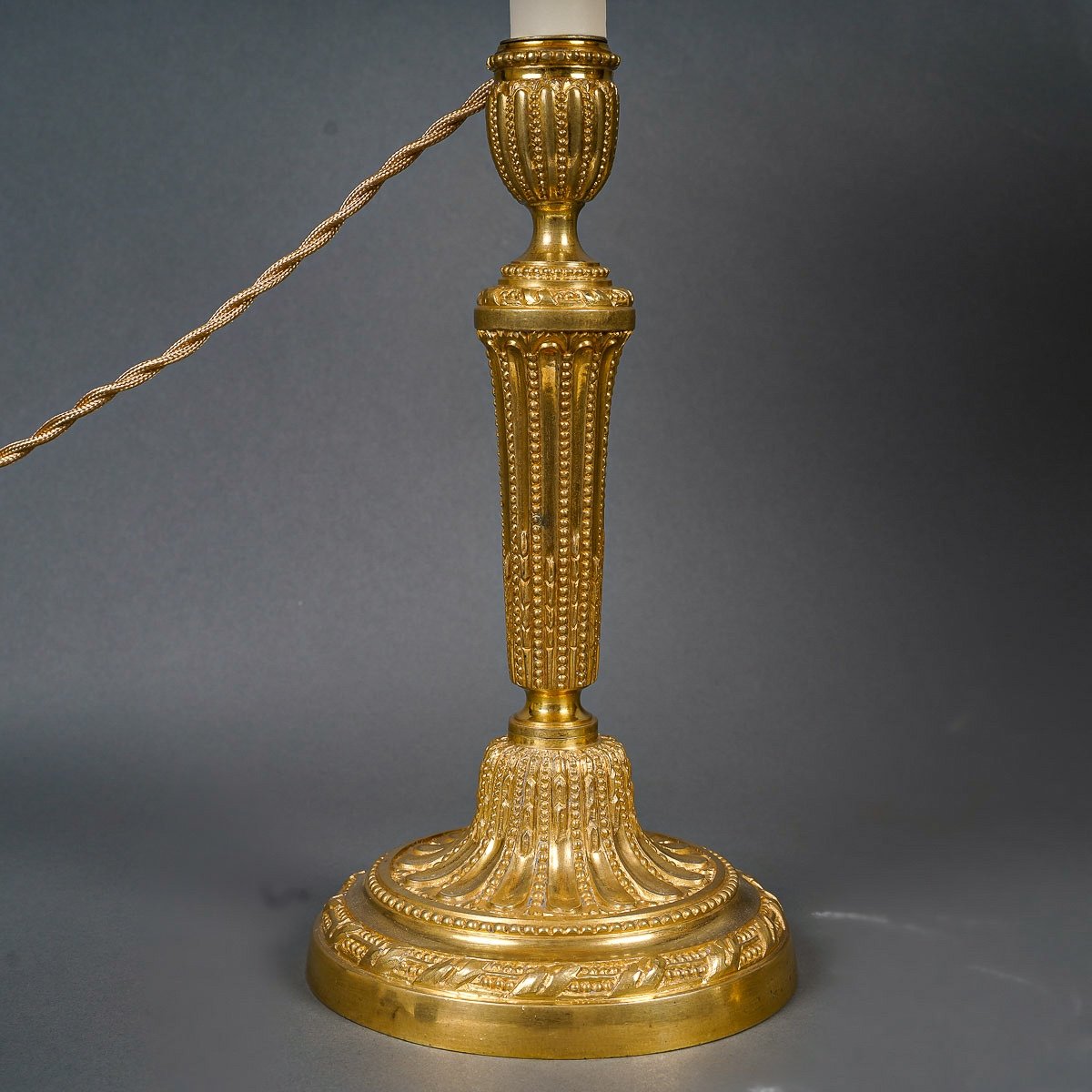 French Louis XVI Period Pair Of Chiseled Gilt Bronze Candlesticks Mounted As Lamps Circa 1780-photo-1