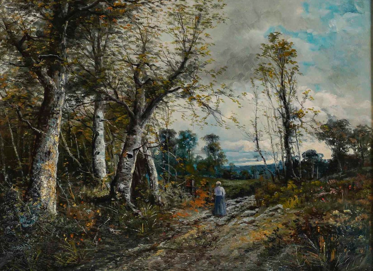 Jules Dupré (1811-1889) Promenade En Foret Barbizon School Oil On Canvas Circa 1870-photo-2