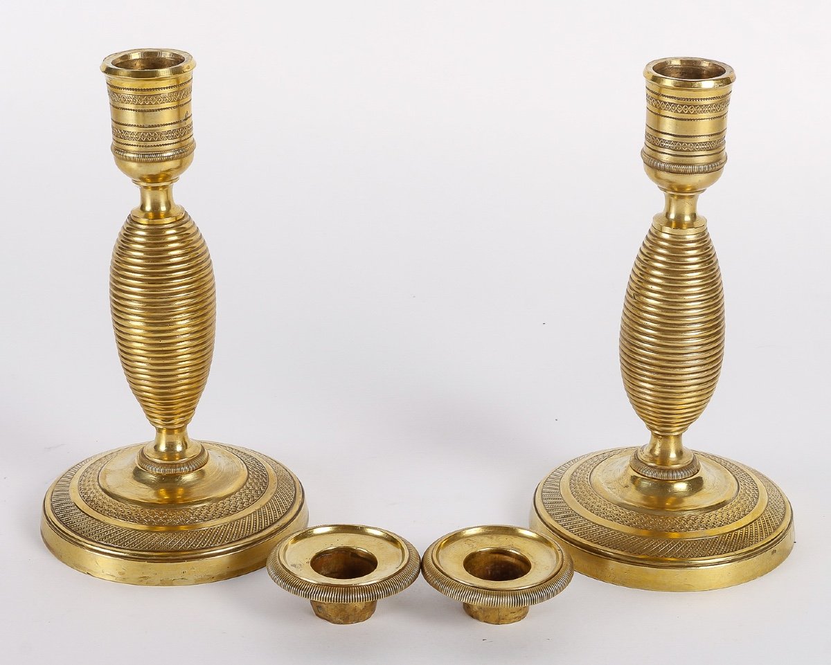 Pair Of Small Chiseled And Gilt Bronze "ragot" Candlesticks, Empire Period Circa 1810-photo-1